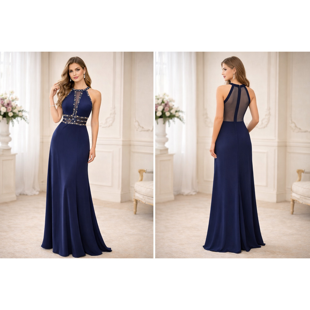 Y2K Morgan & Co Navy Beaded Halter Prom Gown Illusion Back‎ 90s Formal Dress 7
